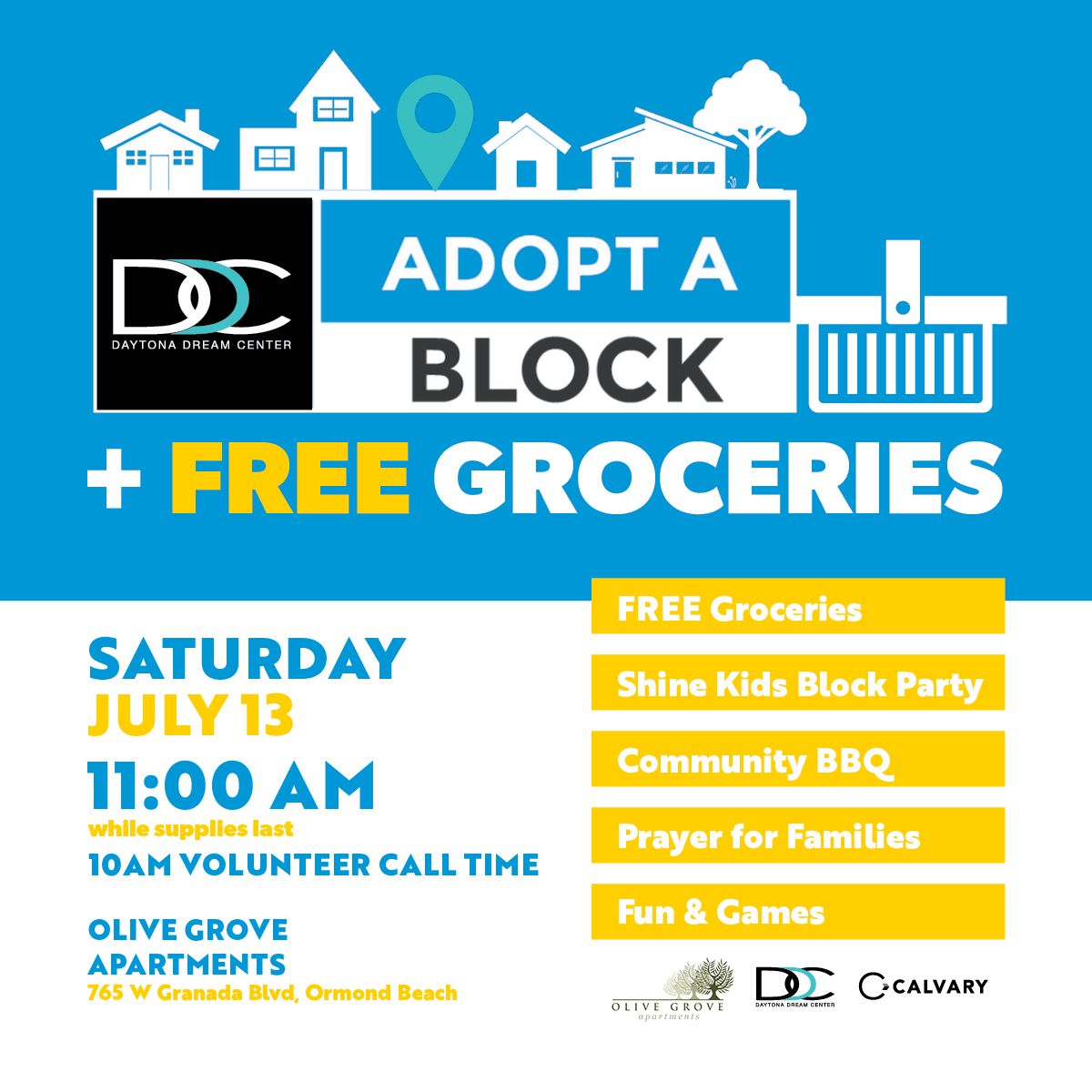 wrhrealty's tweet photo. Olive Grove Apts, Daytona Dream Center, and Calvary are teaming up for Adopt A Block! 

Where: Olive Grove: 765 W. Granada Blvd in Ormond Beach.
When: Saturday, July 13th at 11 AM

Free groceries, Shine kids block party, BBQ, Prayer for families, and games! While supplies last. https://t.co/QKKfqst7OC