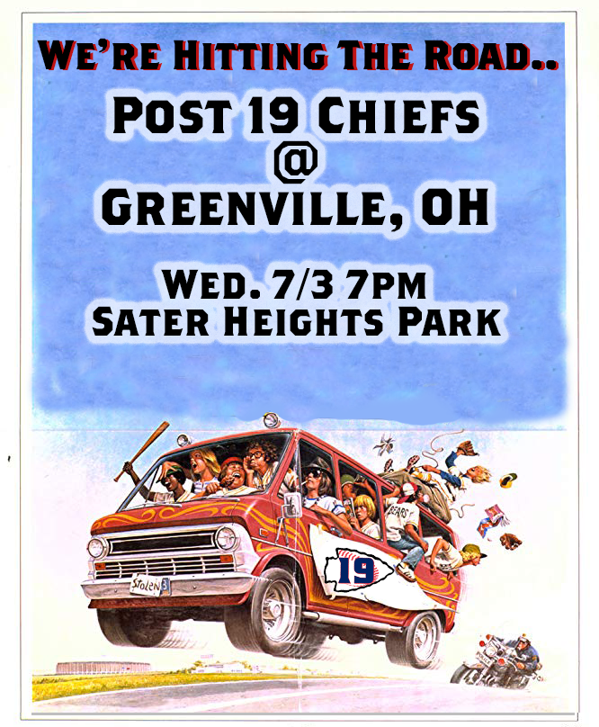 Post19B's tweet image. Chiefs are on the road tonight at Greenville, OH.  Special Pre-Game Ceremony.
Come out early, grab a Maid-Rite and catch some legion baseball under the Ohio Skies!