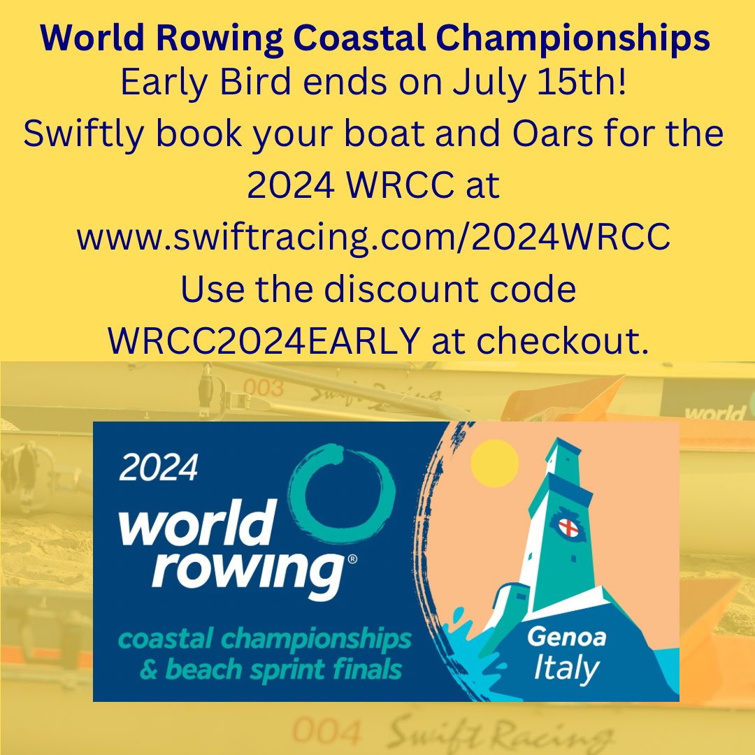 WRCC 24 Early Bird Boat Rental ends on July 15th! Swiftly book your boat and Oars for the 2024 WRCC at swiftracing.com/2024WRCC 
Use the discount code WRCC2024EARLY at checkout.