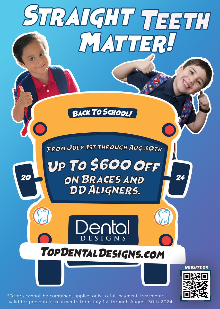 mydentaldesigns's tweet image. Straight Teeth Matther!😃💫🦷 🪥 
Enjoy our “Back to School” 📚 ✏️ promotion starting today July 1, 2024, until August 30, 2024.  Safe up to $600 off on Braces and DD Aligners. Call us at ☎️ 239-628-1300 . #dentistnearme #swfldentistry #naplesdentist #ftmyersdentist