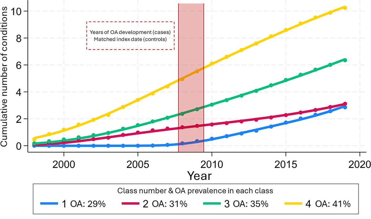Our new publication exploring multimorbidity trajectories over 20 years among incident osteoarthritis (OA) individuals and OA-free matched references.