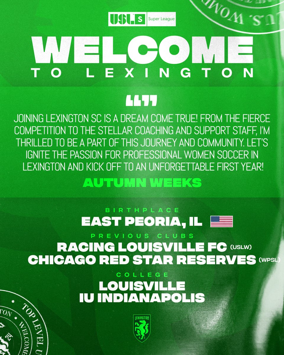 LexSporting's tweet photo. 𝐖𝐄𝐋𝐂𝐎𝐌𝐄 𝐓𝐎 𝐋𝐄𝐗𝐈𝐍𝐆𝐓𝐎𝐍 𝐀𝐔𝐓𝐔𝐌𝐍 𝐖𝐄𝐄𝐊𝐒! ✍️💚

The Illinois native played collegiate soccer at IU Indy and Louisville -- Woods also has several years of USL W League experience, most recently playing for LSC! 🤩

📰 Read more here: https://t.co/rSLTHUzMLp https://t.co/erCZMKkVH5