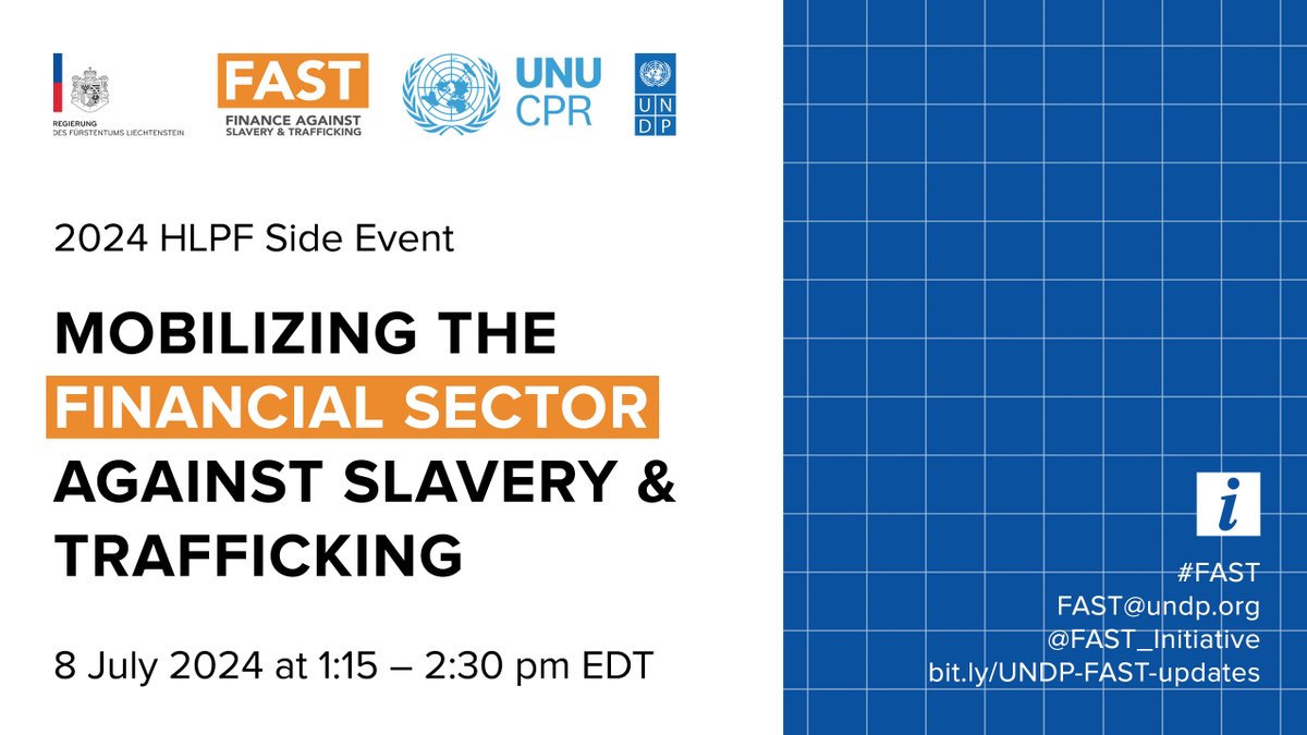 Liechtenstein UN (@liechtensteinun) on Twitter photo Join us at our HLPF side event on 'Mobilizing the Financial Sector against Modern Slavery and Human Trafficking', organized together with <a href="/UNDP/">UN Development</a> and <a href="/UNUCPR/">UN University Centre for Policy Research</a>. #FAST
⏰ 8 July, 1:15 PM
🏢 UNHQ CR 9 & online
📮 bit.ly/24HLPF-FAST Join us at our HLPF side event on 'Mobilizing the Financial Sector against Modern Slavery and Human Trafficking', organized together with <a href="/UNDP/">UN Development</a> and <a href="/UNUCPR/">UN University Centre for Policy Research</a>. #FAST
⏰ 8 July, 1:15 PM
🏢 UNHQ CR 9 & online
📮 bit.ly/24HLPF-FAST