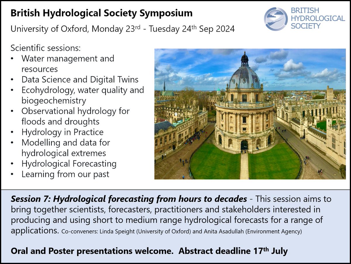Dr Linda Speight (@linda_sp8) on Twitter photo The <a href="/britishhydrosoc/">British Hydrological Society</a> symposium will be held at <a href="/UniofOxford/">University of Oxford</a> 23-24 September.
✍️As co-convener I would love to receive your abstracts on development and applications of #Hydrological #Forecasting. All welcome.
📅Abstract submission (by 17th July): shorturl.at/BAnVM The <a href="/britishhydrosoc/">British Hydrological Society</a> symposium will be held at <a href="/UniofOxford/">University of Oxford</a> 23-24 September.
✍️As co-convener I would love to receive your abstracts on development and applications of #Hydrological #Forecasting. All welcome.
📅Abstract submission (by 17th July): shorturl.at/BAnVM