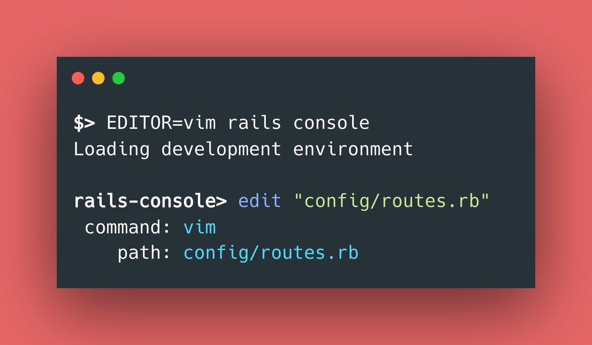 RubyCademy's tweet image. ✨ RAILS PRO TIPS ✨
Take advantage of the edit command to modify your file directly within your current rails console session ✨💫
#rubyonrails #railsconsole
