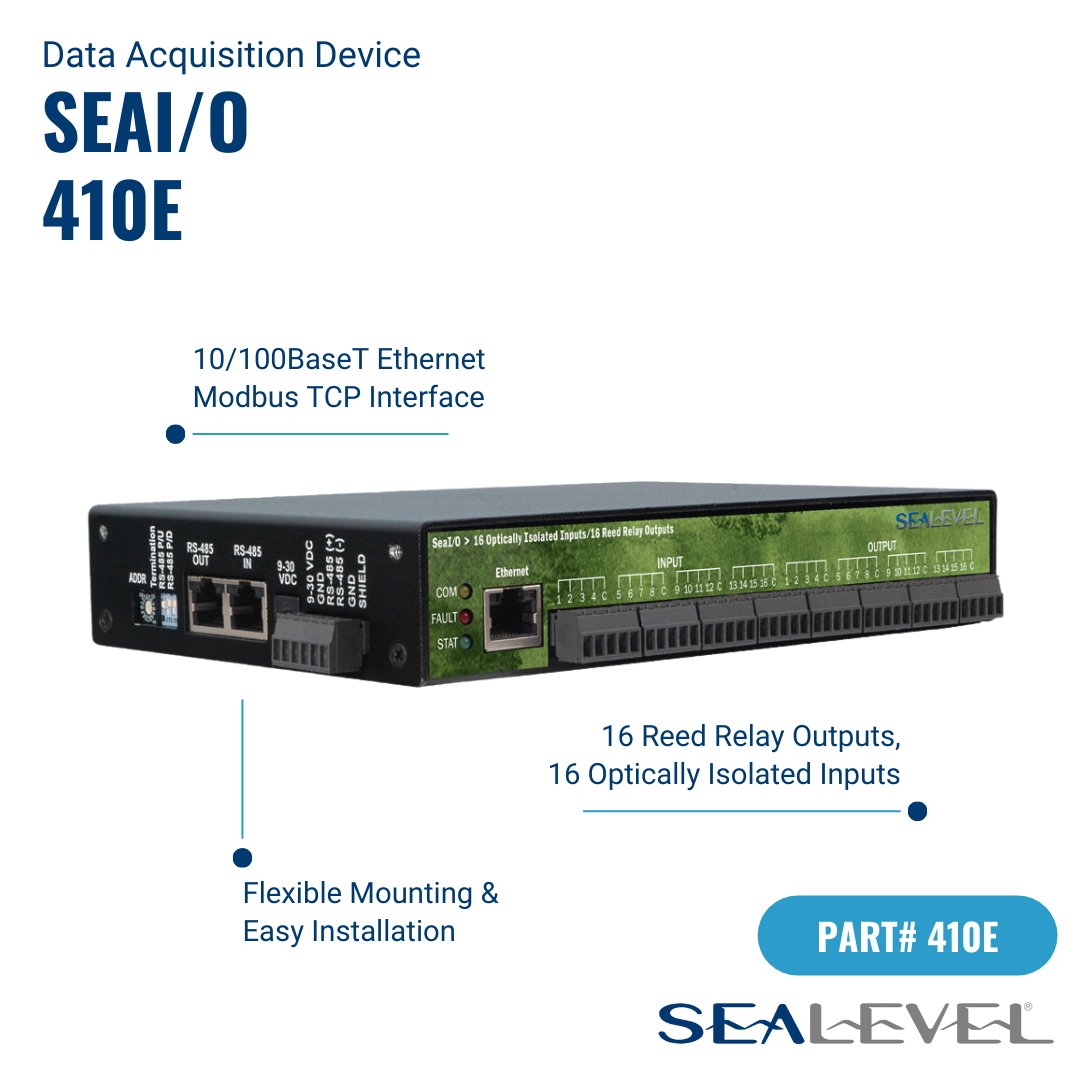 SealevelSystems's tweet image. The SeaI/O-410E is one of the most popular #dataacquistion devices available! Designed to communicate via #Modbus, the 410E is made for easy configuration &amp;amp; deployment with drivers &amp;amp; utilities pre-installed. hubs.la/Q02F8cSq0 #sealevelsystems #industrialautomation