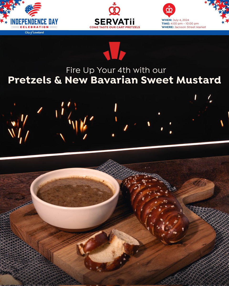 🇺🇲 Join us tomorrow, July 4th, at the Loveland Independence Day Celebration! 🎆 We'll be there from 4 PM to 10 PM with our delicious Pretzels &amp; Bavarian Sweet Mustard dip. Don't miss out on the fun, fireworks, and fantastic flavors! 🥨✨

#IndependenceDay2024 #FoodieFun