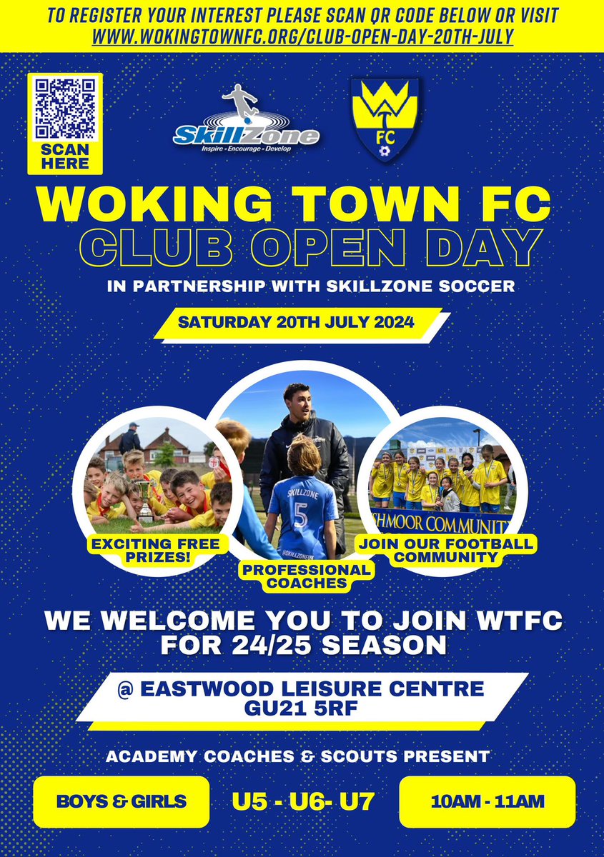 🟡🔵 Club open day! 🔵🟡

We’re holding an open day on Saturday 20th July at Eastwood Leisure Centre, for boys &amp; girls, u5 to u7s. 10am to 11am. In partnership with Skillzone Soccer.

wokingtownfc.org/club-open-day-…

#kidsfootball #woking #kidsfootballtraining #YouthFootball