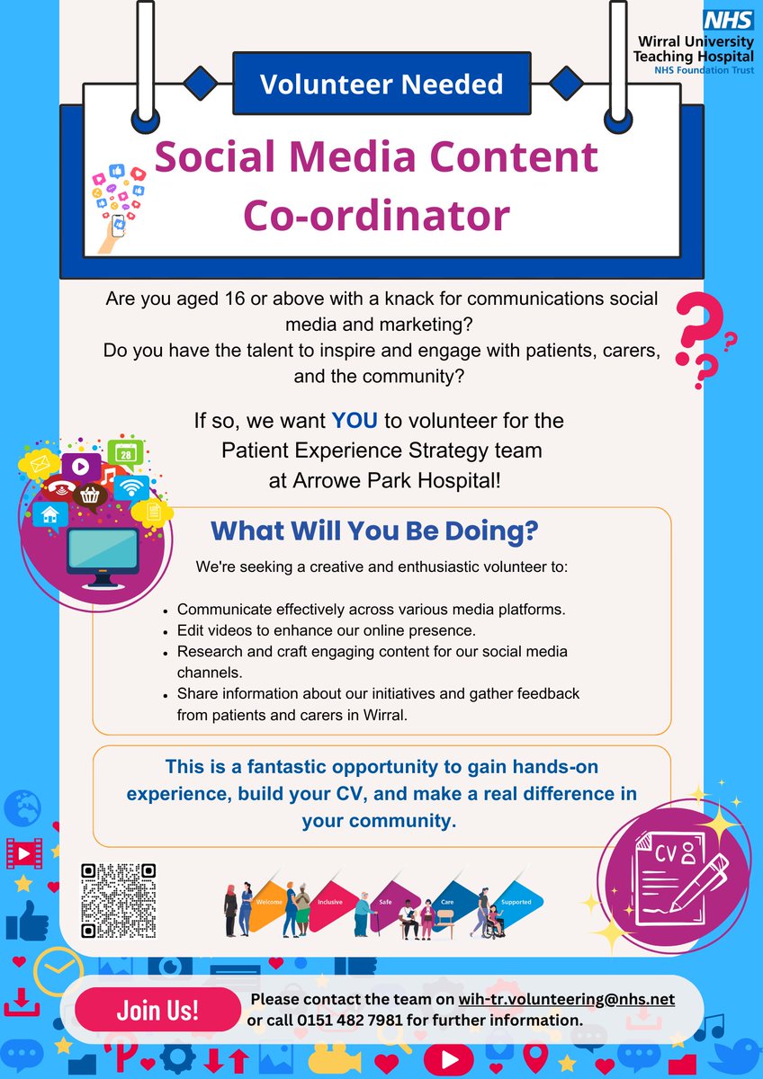 WUTH Patient Experience (@patientwuth) on Twitter photo Volunteer Opportunity at Arrowe Park Hospital
Are you 16+ with a flair for social media and marketing? Volunteer for our Patient Experience Strategy Team
Contact us:
wih-tr.volunteering@nhs.net
#VolunteerOpportunity #SocialMediaCoordinator #joinus #arroweparkhospital #wuth Volunteer Opportunity at Arrowe Park Hospital
Are you 16+ with a flair for social media and marketing? Volunteer for our Patient Experience Strategy Team
Contact us:
wih-tr.volunteering@nhs.net
#VolunteerOpportunity #SocialMediaCoordinator #joinus #arroweparkhospital #wuth