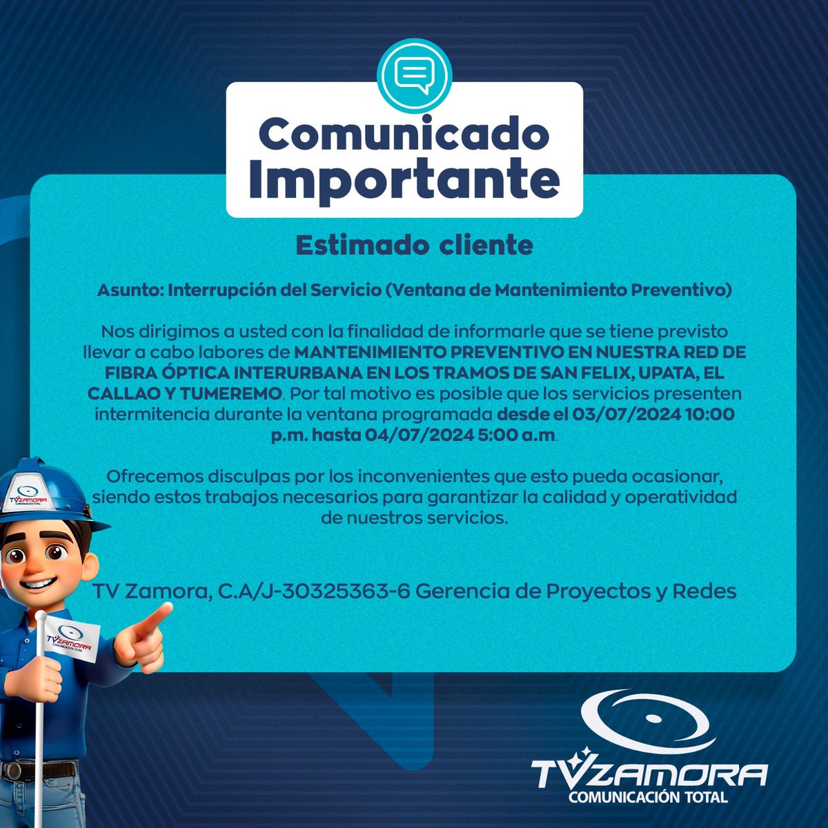 #03Jul2024  MANTENIMIENTO PREVENTIVO EN NUESTRA RED DE FIBRA ÓPTICA INTERURBANA EN LOS TRAMOS DE SAN FELIX, UPATA, EL CALLAO Y TUMEREMO. Por tal motivo es posible que los servicios presenten intermitencia durante la ventana programada desde el 03/07/24 10 p.m. hasta 04/07/24 5a.m