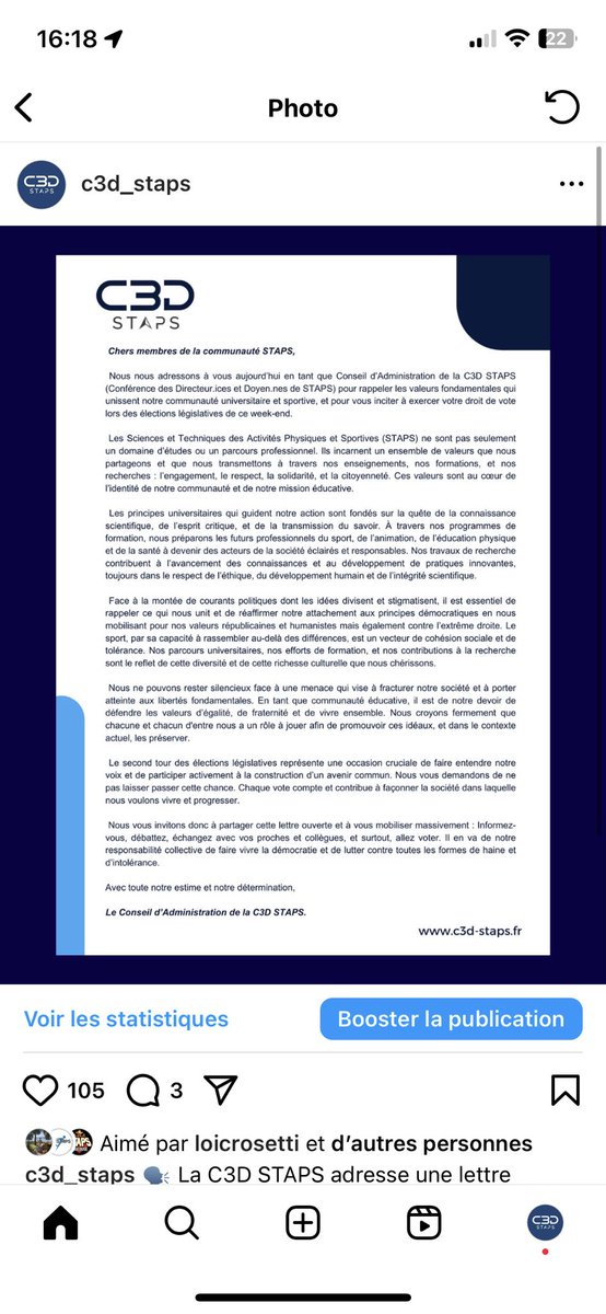 🗣️ La C3D STAPS adresse une lettre ouverte à la communauté STAPS à l'approche du second tour des législatives, soulignant les valeurs qui unissent cette communauté et réaffirmant son engagement envers les principes démocratiques.