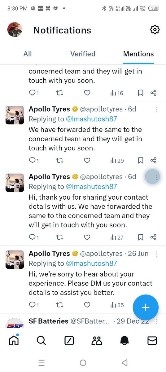Imashutosh87's tweet photo. Your customer care never cares about the customer @iamneerajkanwar  ji I m continuously following from last 10 days for my complaint about the tyre quality..but just they r playing with my complaint...no action since then... screenshot enclosing for ur reference ...@apollotyres https://t.co/B3TKh1YNWD