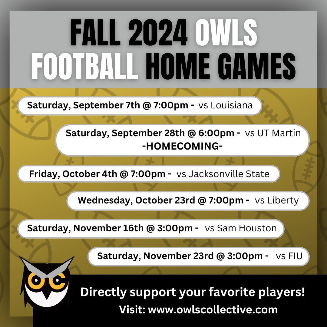 Owls Collective (@_owlscollective) on Twitter photo Don’t let the heat fool you: it will be Fall before we know it! And with Fall comes one of our favorite sports 🏈
Be sure to save this post so you remember the upcoming <a href="/kennesawstfb/">Kennesaw State Football</a> home schedule and can support them in their first season as part of Conference USA 🦉
#ksu Don’t let the heat fool you: it will be Fall before we know it! And with Fall comes one of our favorite sports 🏈
Be sure to save this post so you remember the upcoming <a href="/kennesawstfb/">Kennesaw State Football</a> home schedule and can support them in their first season as part of Conference USA 🦉
#ksu