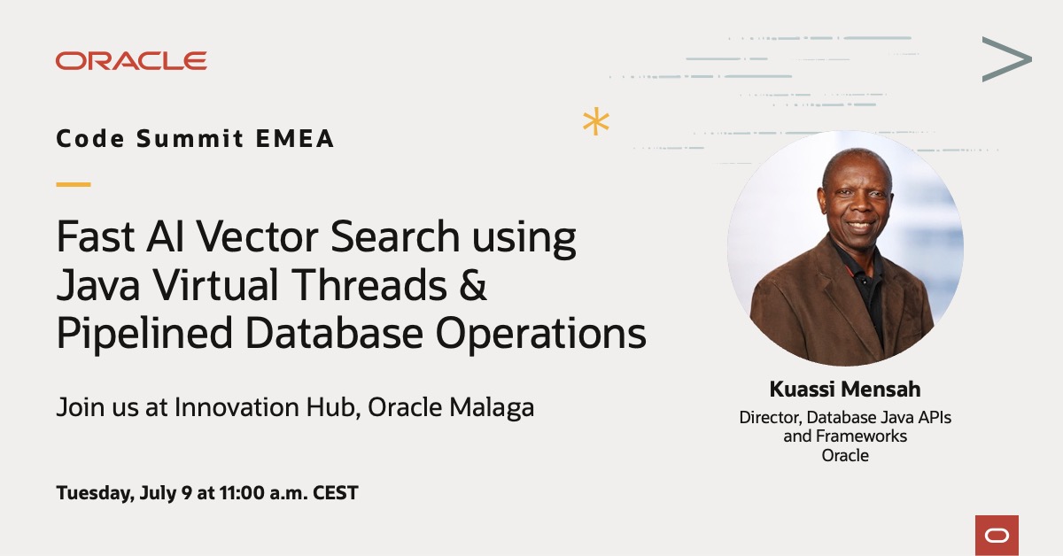 kmensah's tweet image. Hola #java Developers join me in Malaga @ bit.ly/CodeSummit #CodeSummit #javaOracleDB @OracleDevs