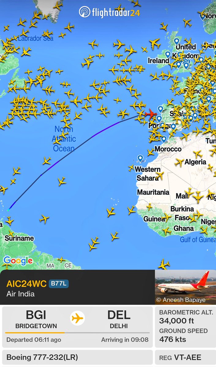ganeshkn's tweet photo. AIC24WC ❤️ Look at the apt call sign of the Air India B777 flying Our Cricket team from Bridgetown to New Delhi..  

The aircraft is nearing Europe now and will land in New Delhi early morning tomorrow. The champions are coming back home 🏆 👏🏽👏🏽 https://t.co/PHMR4L9k6g