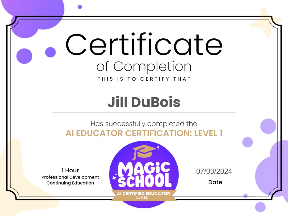 impartedjoy's tweet photo. Just completed the @magicschoolai Certification Course (Level 1).
This is an AMAZING AI platform for educators - helping assist with lesson planning, differentiating, communicating clearly, and more!
And...there's an @edgeubadges microcredential for that!
#eduguardians https://t.co/MhXiMOVWHN