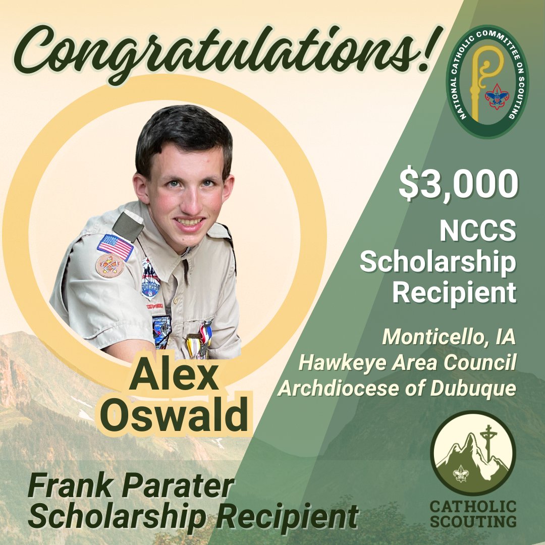 CathScoutBSA's tweet image. #CatholicScouting A Catholic Scout from Sacred Heart in Monticello, Iowa in the Archdiocese of Dubuque, who's a member of Scouts BSA Troop 66 in the Hawkeye Area Council wins $3,000 college scholarship. Congratulations Alex! View: bit.ly/4eMcTbz @dbqarch @hawkeyebsa
