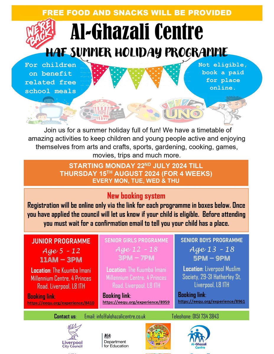 Free HAF Summer Holiday Programme. 
Please book using the following links on the new booking system:

Junior programme eequ.org/experience/8410

Senior Girls programme
eequ.org/experience/8959

Senior Boys programme
eequ.org/experience/8961