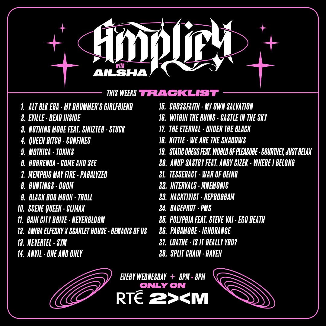Tune in to AMPLIFY with me tonight on <a href="/rte2xm/">RTÉ 2XM</a> to hear tunes from <a href="/splitchainband/">Split Chain</a> <a href="/ALTBLKERA/">ALT BLK ERA</a> <a href="/EvilleBand/">EVILLE</a> <a href="/HorrendaEire/">Horrenda (Official)</a> <a href="/scenequeenrocks/">Scene Queen</a> <a href="/AnupSastry/">Anup Sastry</a> <a href="/tesseractband/">TesseracT</a> <a href="/baceprotvoices/">Voice Of Baceprot (VOB)</a> <a href="/CrossfaithJapan/">CrossfaithJapan</a> and more at 6pm ✨