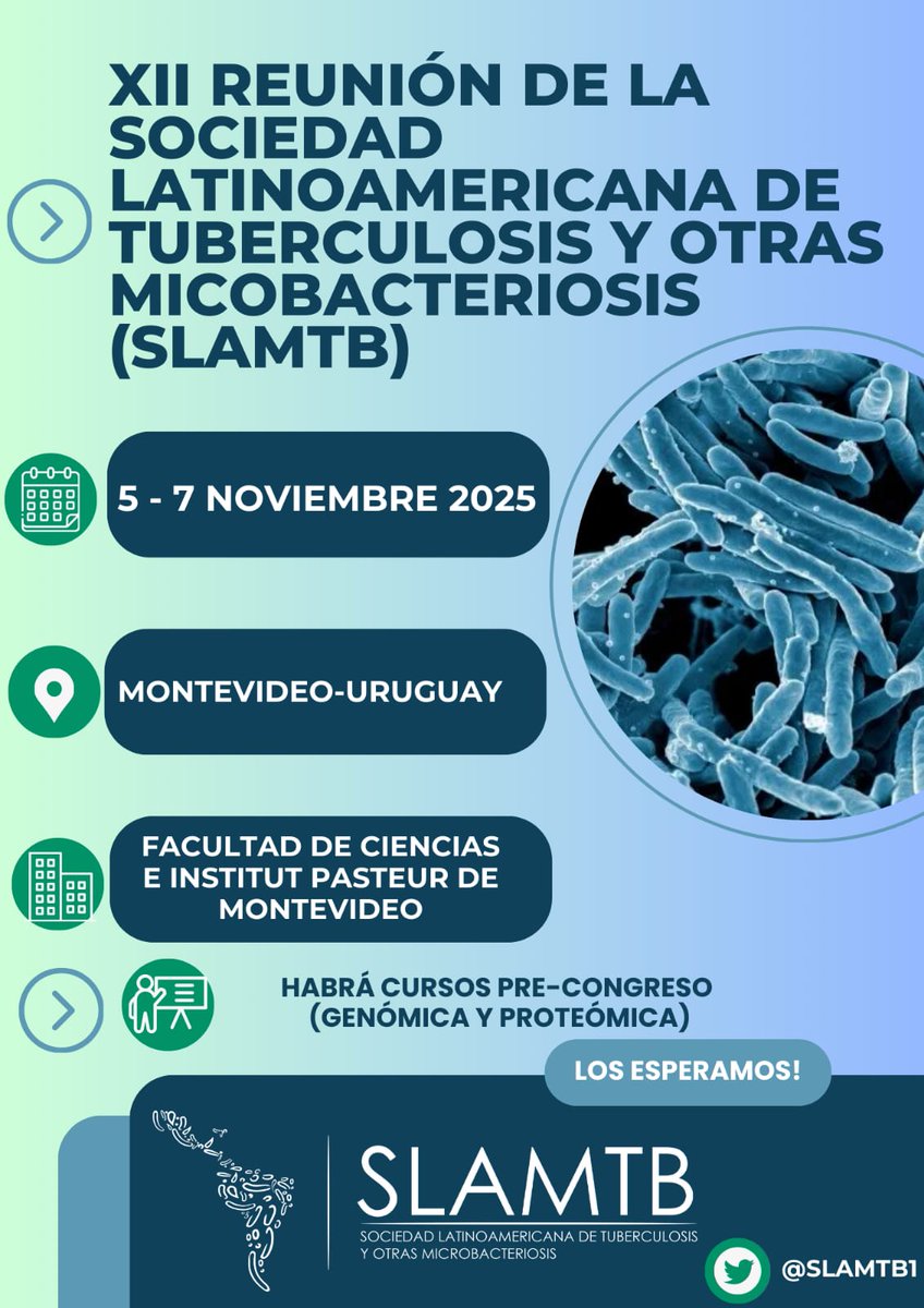 ¡Hola! Les anunciamos desde ya nuestra XII Reunión de la Sociedad Latinoamericana de Tuberculosis y otras Micobacteriosis. Tendremos cursos de genómica y proteómica previos al congreso. Sigan en sintonía por nuestras redes sociales para recepción de resúmenes y otros detalles.