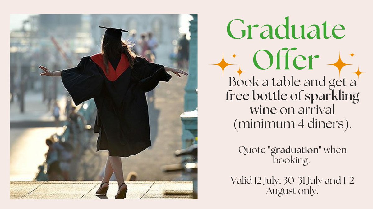 Curry Leaf Cafe (@curryleafcaff) on Twitter photo Free bottle of fizz for <a href="/SussexUni/">University of Sussex</a> and <a href="/uniofbrighton/">University of Brighton</a>
graduates! 🥂 Just quote 'graduation' when booking. Free bottle of fizz for <a href="/SussexUni/">University of Sussex</a> and <a href="/uniofbrighton/">University of Brighton</a>
graduates! 🥂 Just quote 'graduation' when booking.