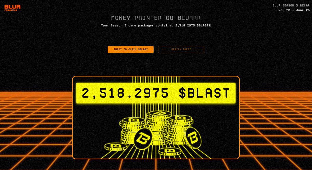 I just claimed $BLAST from @BLUR_io's Season 3 airdrop. Season 4 starts today, and it's powered by @BLAST_L2, The Fullstack Chain.