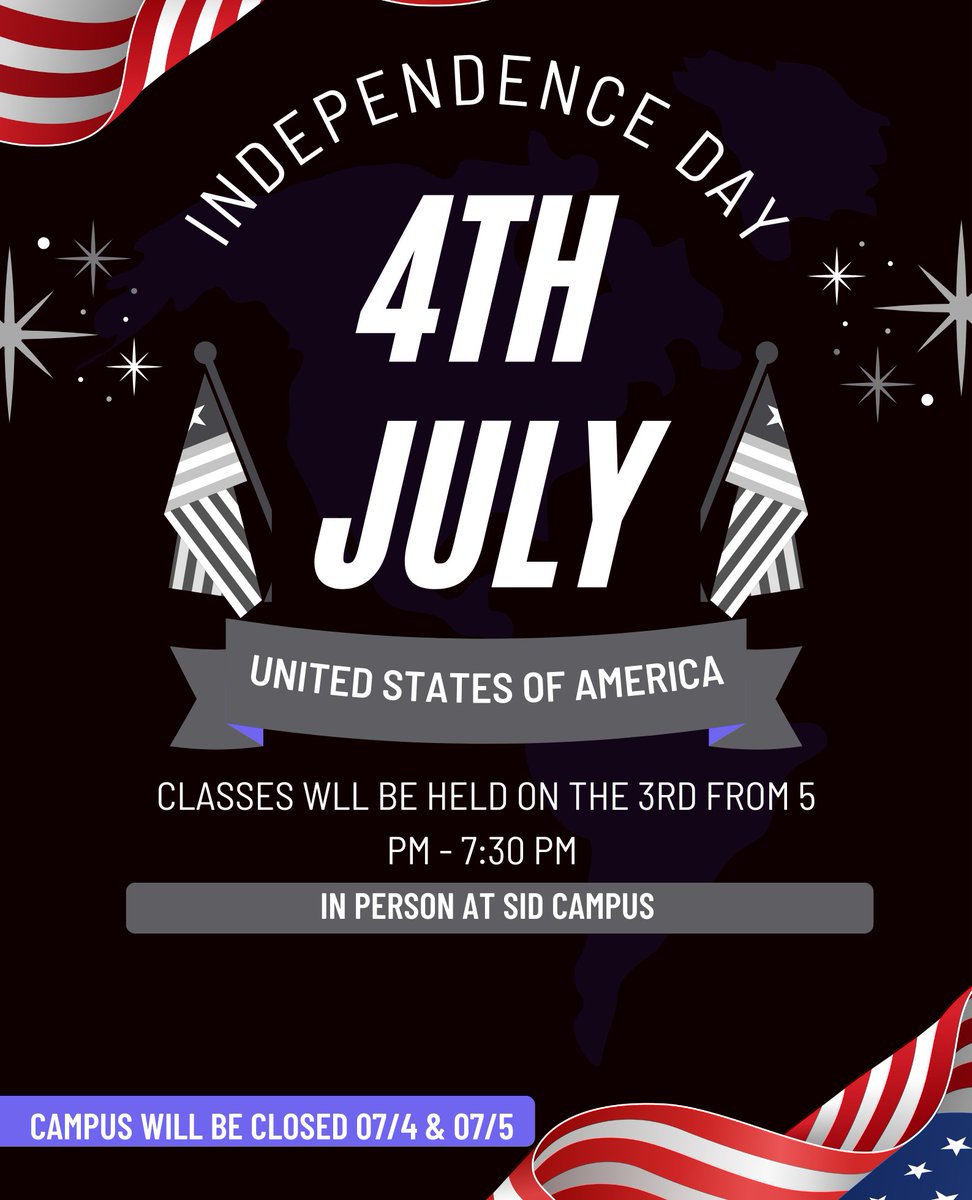 Heads up, SID students! We're gearing up for a star-spangled break. Here's what you need to know:⁠
Campus Closure:⁠
Thursday, July 4th⁠
Friday, July 5th⁠
⁠

#summertime #summer #freedom #america #weekendvibes #celebrate #usa #summervacation #summervibes