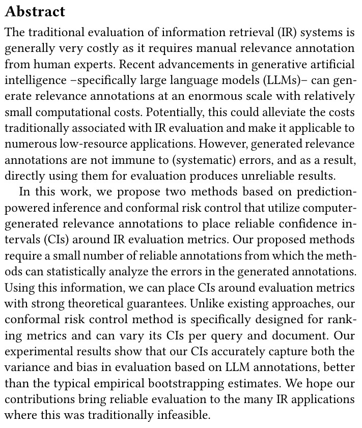 _reachsumit's tweet photo. Reliable Confidence Intervals for Information Retrieval Evaluation Using Generative A.I

Google introduces two methods for creating reliable confidence intervals around IR evaluation metrics using LLM-based relevance annotation

📝https://t.co/RmSXP6cE62
👨🏽‍💻https://t.co/yIiRvghado https://t.co/KyLuD2ixyN