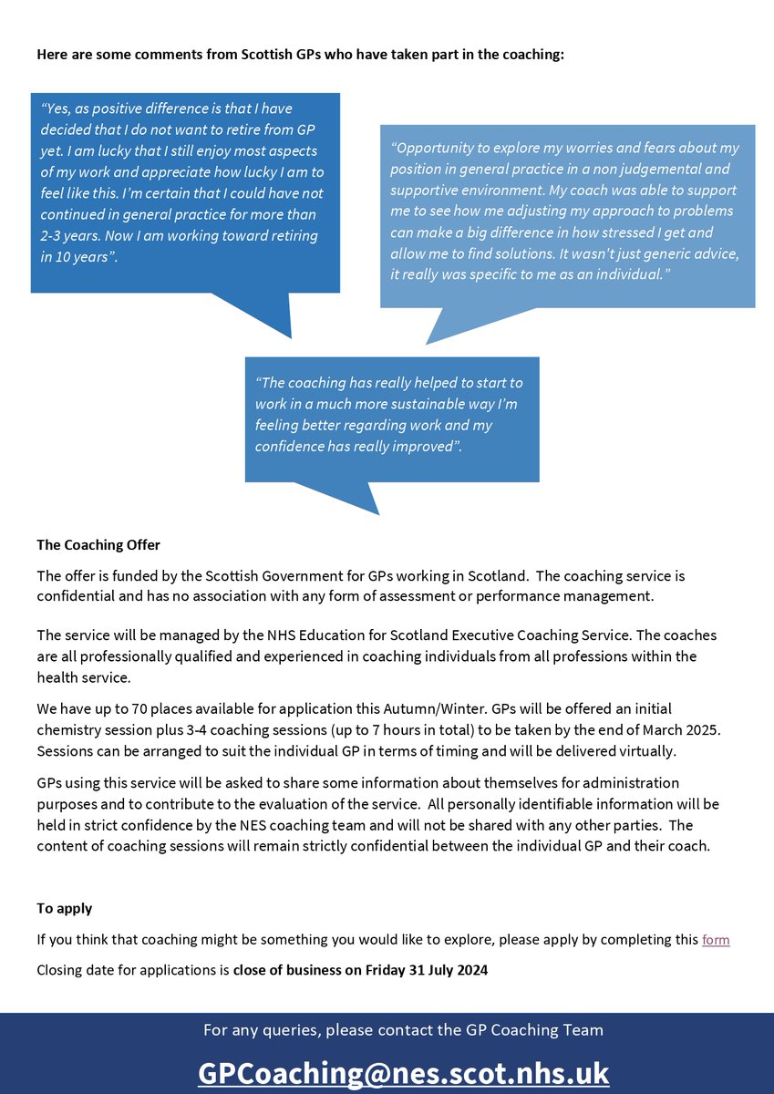 There's a a new round of applications for the GP Coaching Service

Available to GPs in practice across Scotland

Please note, the deadline for the applications is close of business Wednesday 31 July 2024

forms.office.com/e/aEir2bf0c9