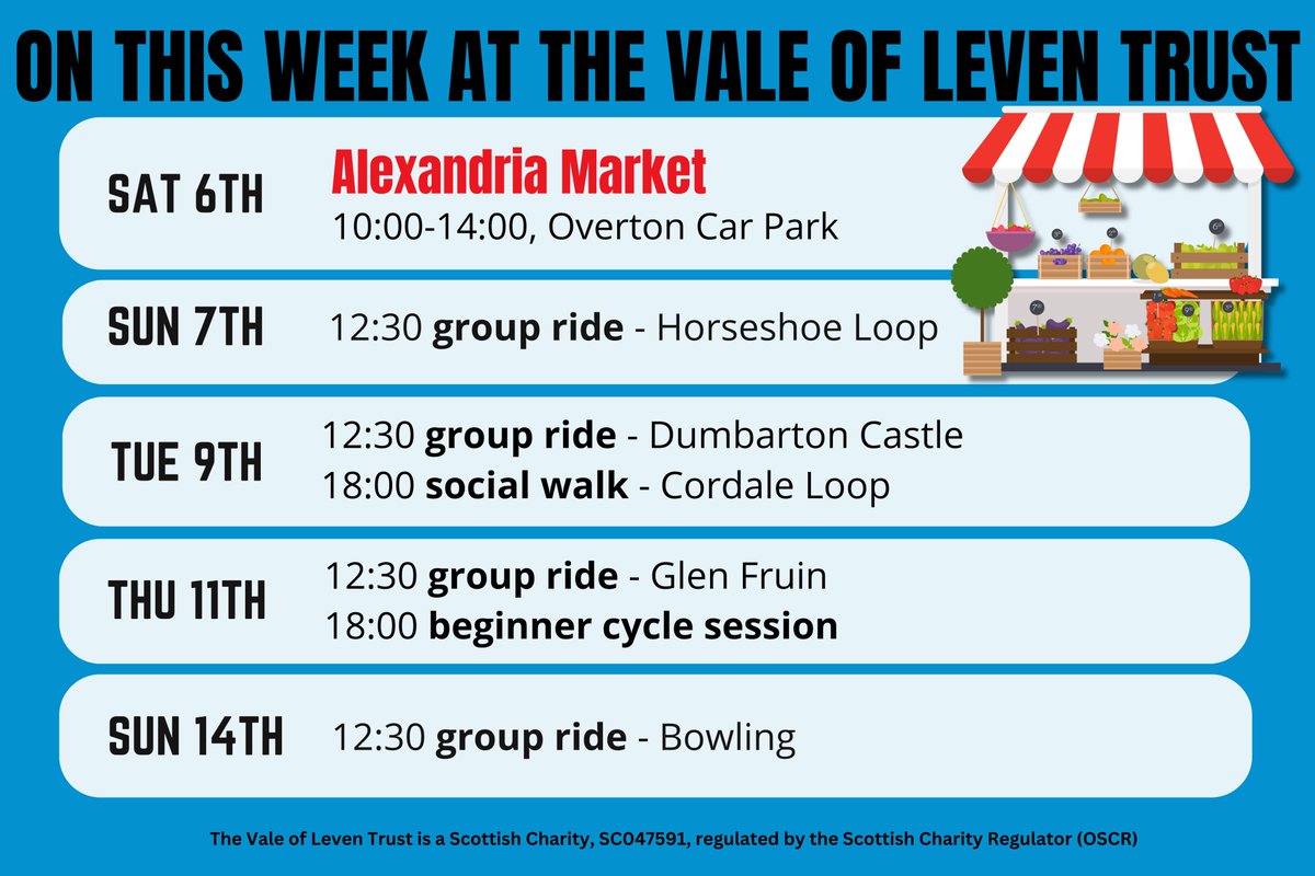Here's what we've got coming up this week!
You can book your spot by emailing us at info@valeofleventrust.com, calling 01389 752 629 or popping in to see us at 9 Mitchell Way.
#alexandriamarket #westdunbartonshire #valeofleventrust #communityevents