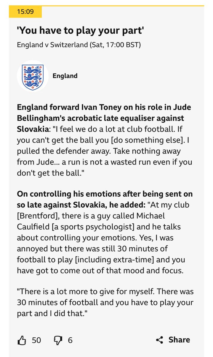 I wondered why my phone started beeping, had no idea why.
And to return the unexpected compliment "At my club, there's a guy called Ivan Toney (a centre forward) and he talks a lot about scoring goals, creating chances for others, proving people wrong, and smiling at the doubters