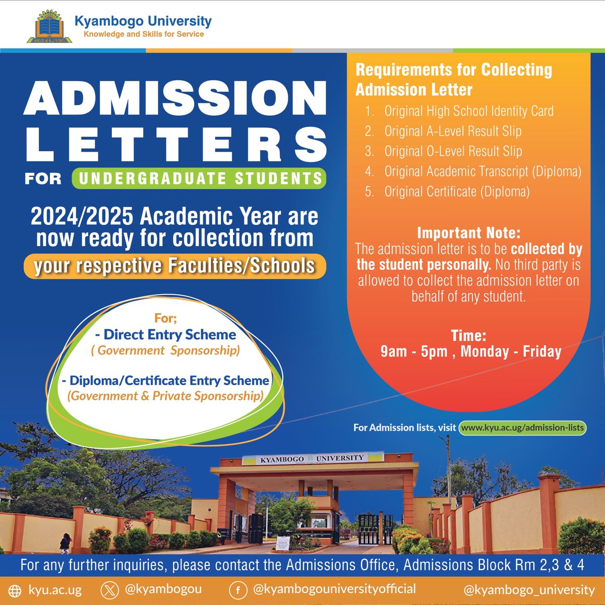 Admission letters for government sponsorship both Direct and Diploma schemes are out. Please take note of the following as you come to pick them up.