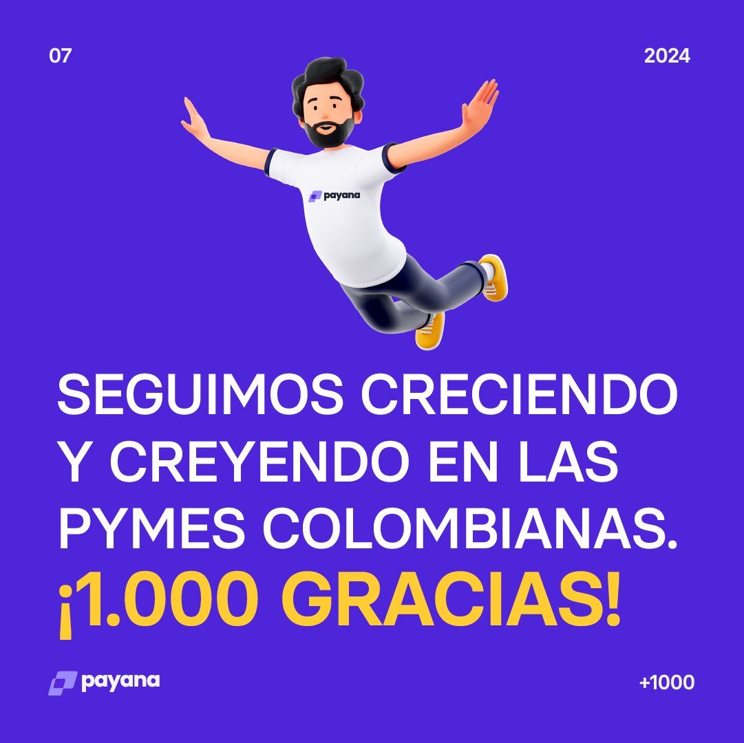 Payana_Col's tweet photo. ¡1.000 GRACIAS! Payana sigue creciendo y creyendo en las pymes colombianas, ayudándolas a alcanzar la eficiencia administrativa.

Ya son más de 1.000 pymes y emprendedores que hacen sus procesos más rápido y sin errores.

Súmate ahora en https://t.co/GJbiBVm1B8 https://t.co/gBt4vpZq0L