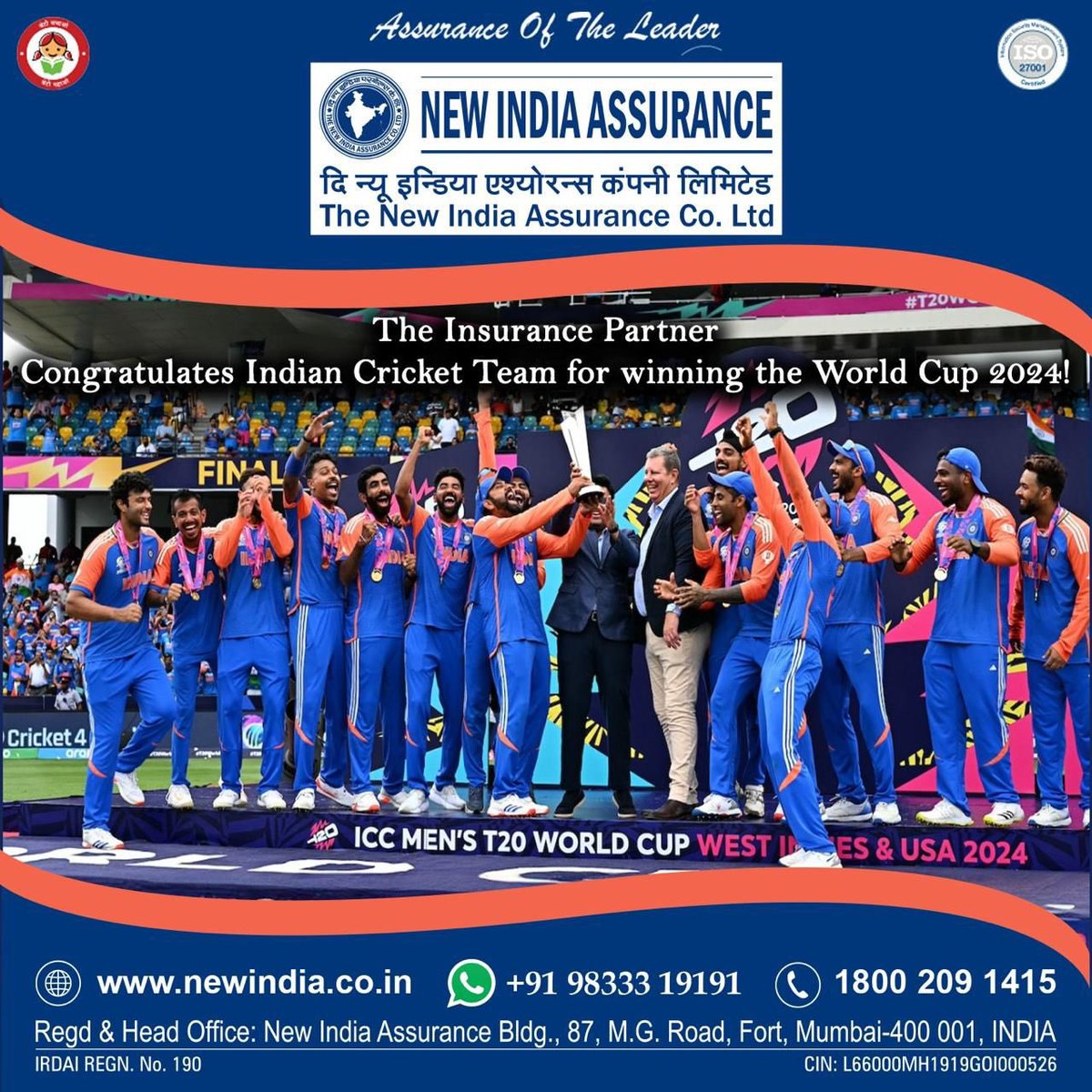 NewIndAssurance's tweet image. The Insurance Partner once again congratulates Indian Cricket Team for winning the T20I World Cup 2024

#T20WorldCup2024 #indiachampion2024 #InsurancePartner #insurance
