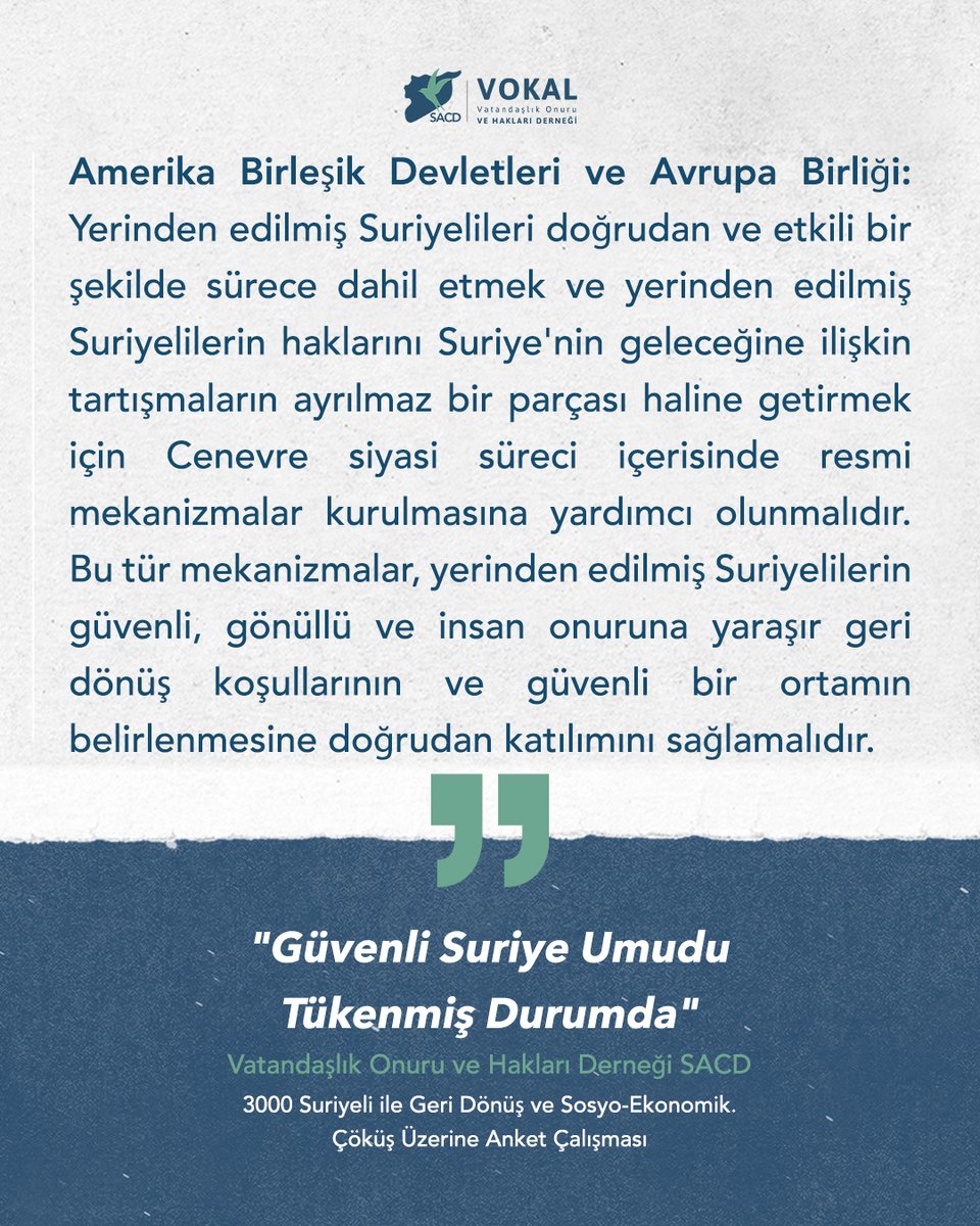 VokalTr's tweet photo. Amerika Birleşik Devletleri ve Avrupa Birliği:

Yerinden edilmiş Suriyelileri doğrudan ve etkili bir şekilde sürece dahil etmek ve yerinden edilmiş Suriyelilerin haklarını Suriye'nin geleceğine ilişkin tartışmaların ayrılmaz bir parçası haline getirmek için Cenevre siyasi süreci içerisinde resmi mekanizmalar kurulmasına yardımcı olunmalıdır. Bu tür mekanizmalar, yerinden edilmiş Suriyelilerin güvenli, gönüllü ve insan onuruna yaraşır geri dönüş koşullarının ve güvenli bir ortamın belirlenmesine doğrudan katıl­ımını sağlamalıdır.

Vatandaşlık Onuru ve Hakları Derneği SACD

Güvenli Suriye Umudu Tükenmiş Durumda - ÖNERİLER  
3000 Suriyeli ile Geri Dönüş ve Sosyo-Ekonomik Çöküş Üzerine Anket Çalışması

Rapor tamamını okuyun:
https://t.co/h3wTYuV65L
