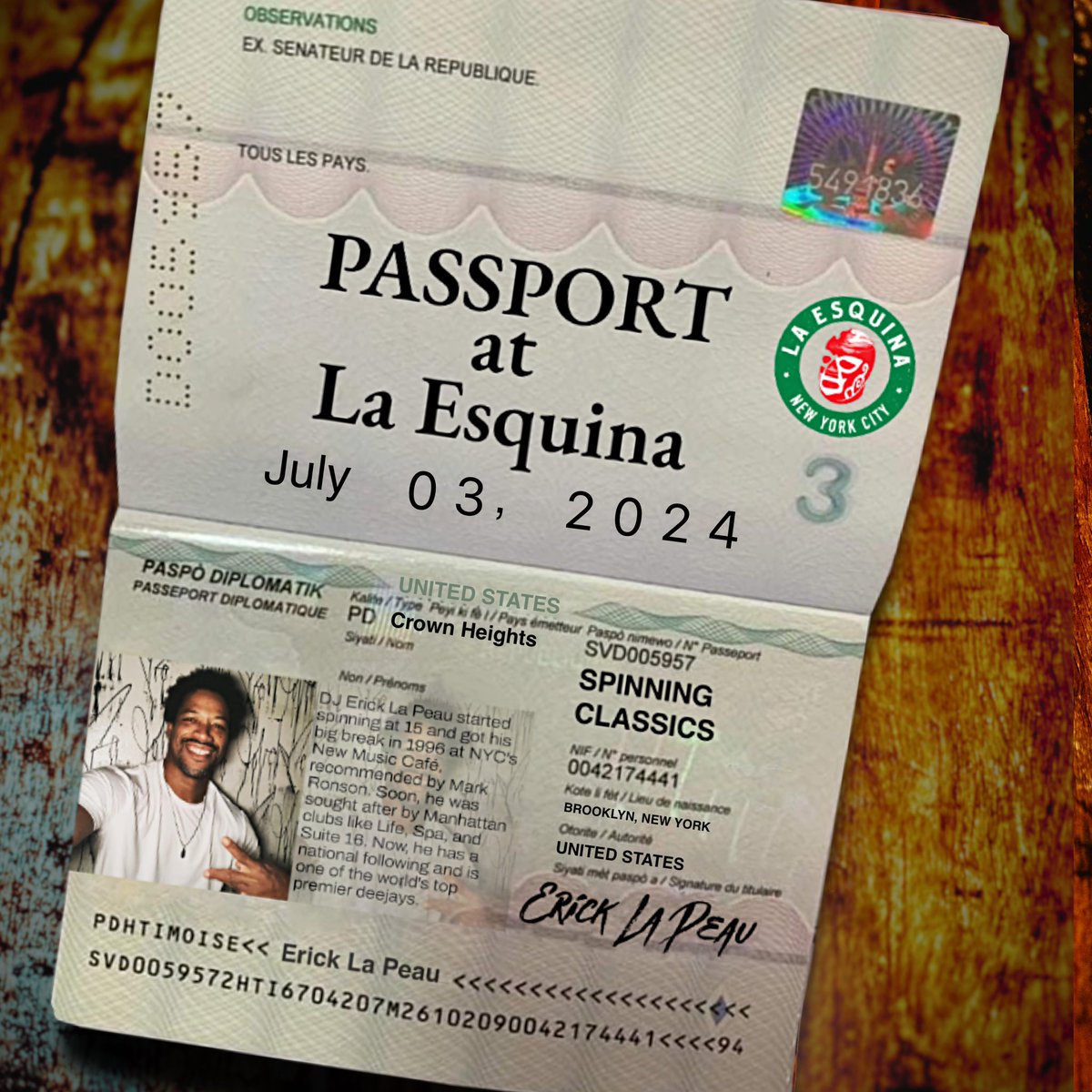 DJJEFFBROWN's tweet photo. Passport: World Music Night curated by Jeff Brown. 
Kickin’ it off TONIGHT with one of Brooklyn’s finest, Erick La Peau come join us for a night of incredible vibes from around the world, right here in NYC. @EsquinaNYC 114 Kenmare St NYC 9 till 1 https://t.co/YARmIc6ZkQ