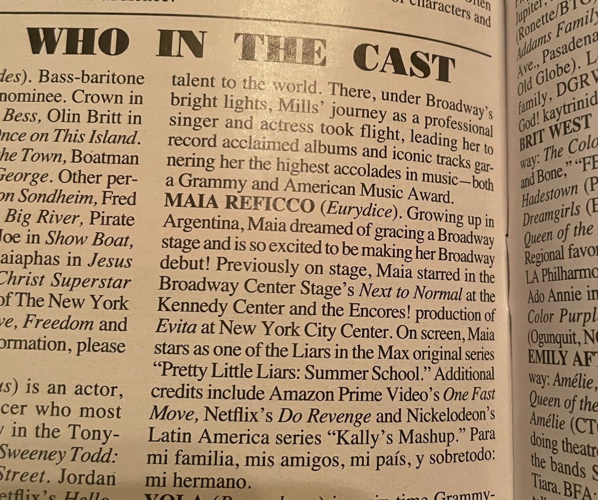 Lbaini's tweet photo. Maia Reficco debutó en Broadway sumándose al elenco de #Hadestown, con el rol de Eurydice. En la bio le dedicó el logro a su país ARGENTINA ❤️

La foto con uno del público con la camiseta es increíble. https://t.co/344iMPpY88