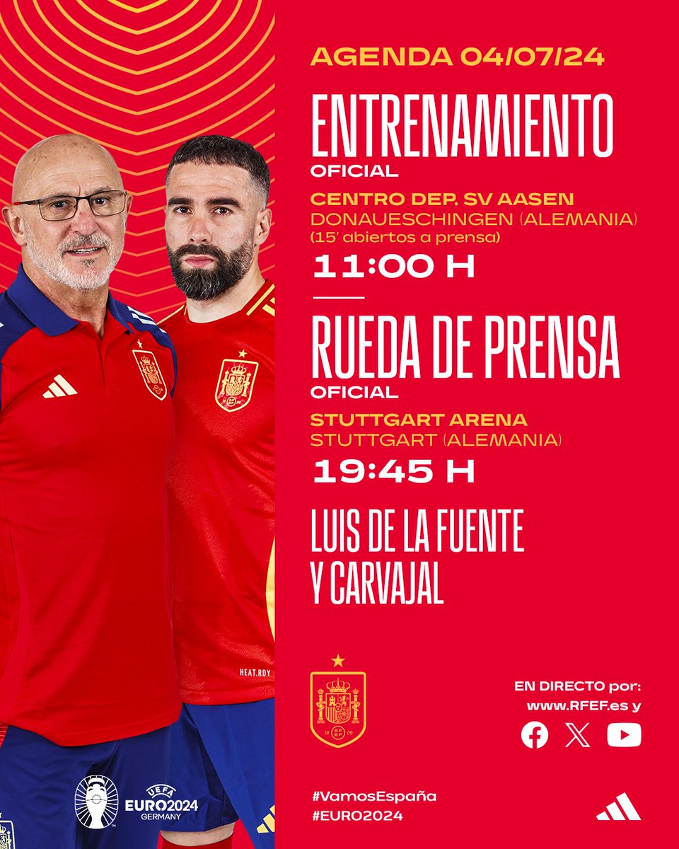 SEFutbol's tweet image. 🗓️ 𝗔𝗚𝗘𝗡𝗗𝗔 | Jueves 4 de julio

💪🏼 Entrenamiento oficial
⏰ 11:00 horas (15' abierto a medios)
🏟️ Centro SV Aasen
📍 Donaueschingen

🎙️ Rueda de prensa oficial
⏰ 19:45 horas
👤 Luis de la Fuente y @DaniCarvajal92
🏟️ Stuttgart Arena
📍 Stuttgart

📺 En directo en…