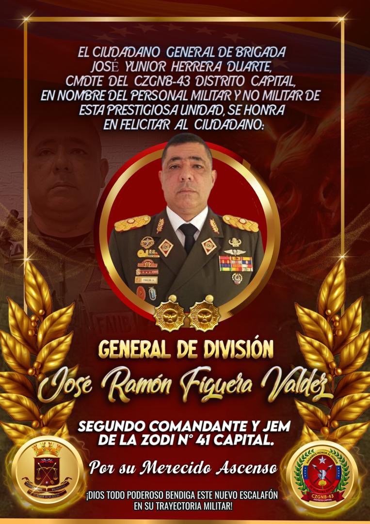 Desde el CZGNB-43 Dtto Capital enviamos nuestras más cálidas felicitaciones al Cddno de GD José Figuera Valdez, por su ascenso al grado de General de División, quien asume un nuevo compromiso ante la patria y la FANB, a través de su mística, liderazgo y entrega total ¡Venceremos!