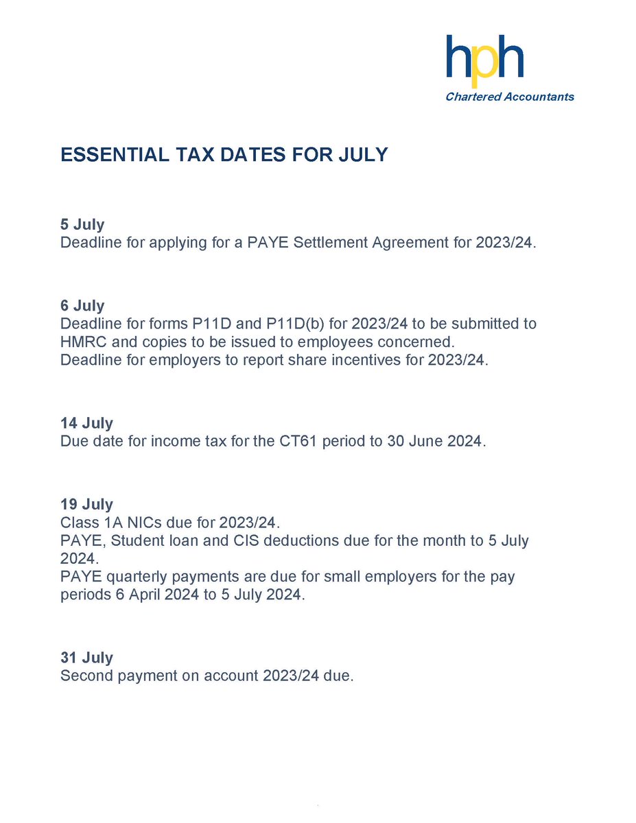 Essential tax dates for July #hph #accountants #tax
