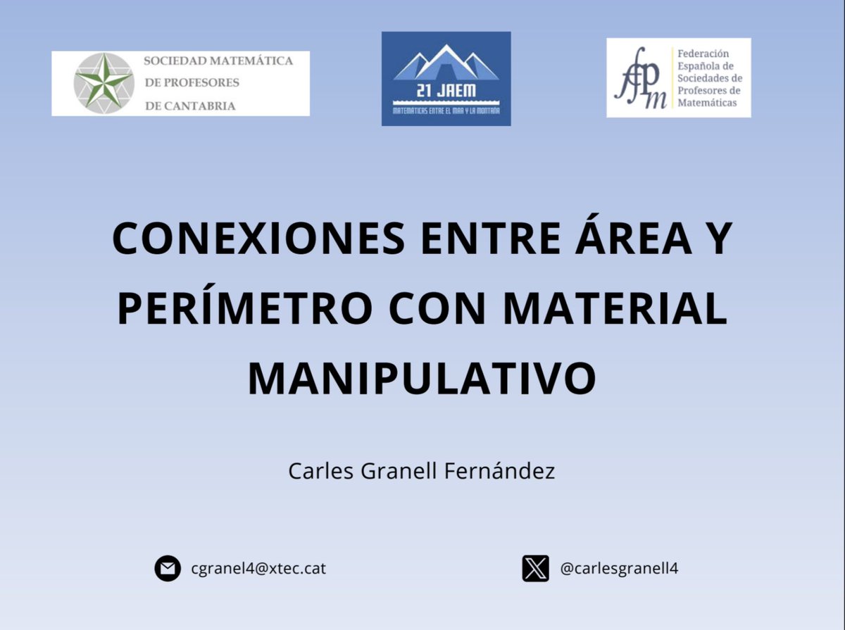CarlesGranell4's tweet photo. Conexiones entre área y perímetro con material manipulativo 🔷

📝 Comparteixo la presentació del taller fet a les @jaem_fespm per treballar les seves relacions a través de la (de)construcció de figures i el seu anàlisi

🔗 https://t.co/gxswWeguum

#21JAEM https://t.co/RCVTXCIhsC