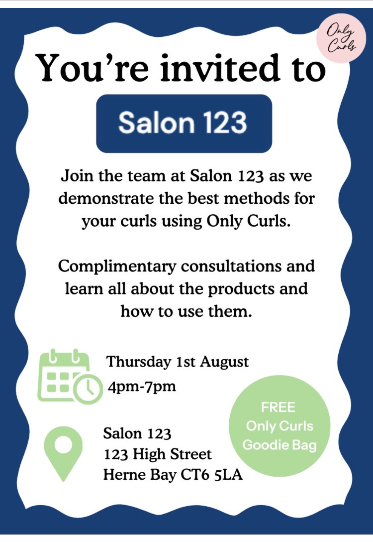 SAVE THE DATE all you Curlys who haven’t yet tried the fantastic ONLY CURLS products now available at Salon 123. We are having a demo session on 1st August from 4-8pm where you can see the amazing results. Free goodie bags for the first 30 who arrive. <a href="/onlycurlslondon/">onlycurlslondon</a>