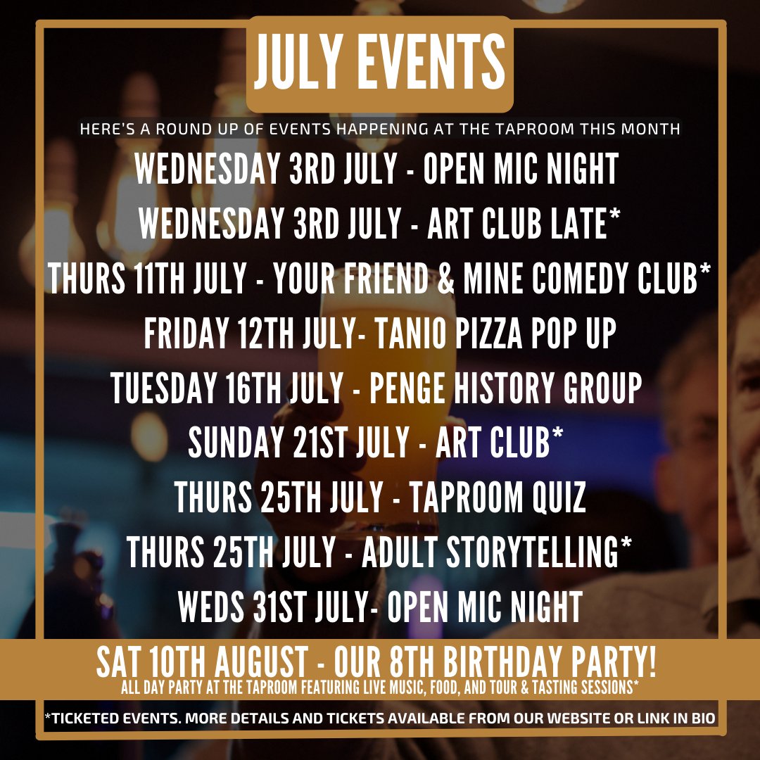 🥳TAPROOM EVENTS IN JULY!
Here's your monthly round up of happenings down the alleyway in Penge this month. 
More info available on our website: southeybeershop.com where you can find tickets to events marked with a *

See you at the taproom soon 🍻