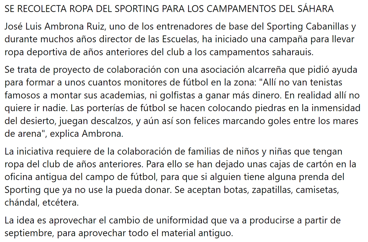 aytocabanillas's tweet photo. SE RECOLECTA ROPA DEL SPORTING PARA LOS CAMPAMENTOS DEL SÁHARA

José Luis Ambrona, entrenador de base del  @Sp_Cabanillas, ha iniciado una campaña para llevar ropa deportiva de años anteriores del club a los campamentos saharauis. https://t.co/5EOETbKx7E