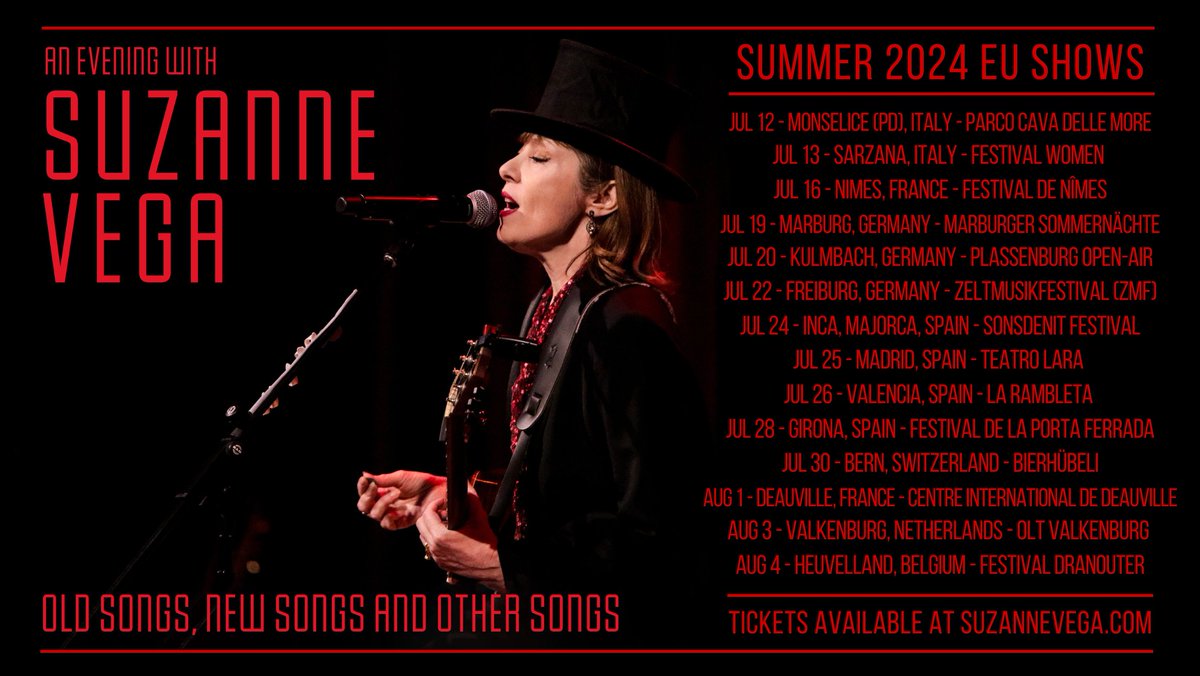 Just added another show in Spain that goes on sale tomorrow! All other shows are on sale now. Excited to start my tour in Europe next week! Tickets available at suzannevega.com/tour
Can't wait to see more of you soon!♥️🎩