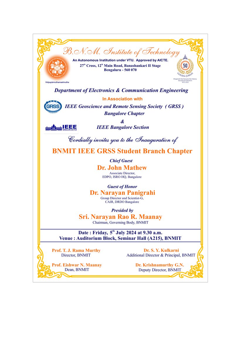ieeegrss_blr's tweet image. Another day, another student branch chapter!

#IEEE  GRSS Bangalore Chapter and @ieee_section are proud to inaugurate the @IEEE_GRSS  @BNMTech Student Branch Chapter this Friday, followed by a one-day workshop

Register now - forms.gle/qJWncUPUH9QaQ8…

#geoscience #computing