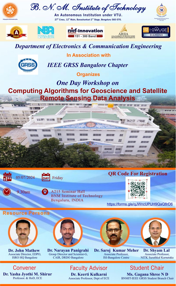 ieeegrss_blr's tweet image. Another day, another student branch chapter!

#IEEE  GRSS Bangalore Chapter and @ieee_section are proud to inaugurate the @IEEE_GRSS  @BNMTech Student Branch Chapter this Friday, followed by a one-day workshop

Register now - forms.gle/qJWncUPUH9QaQ8…

#geoscience #computing
