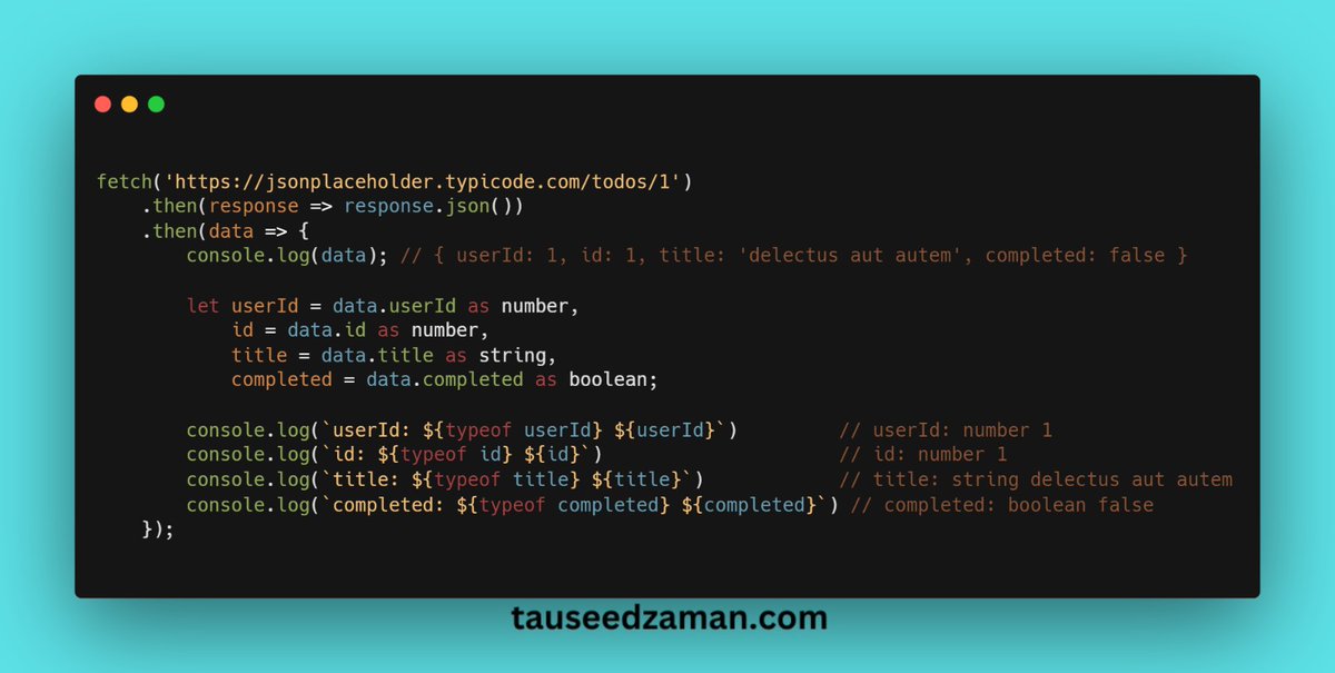 realtauseed's tweet image. 🚀 TypeScript Tip:
Did you know you can use the `as` keyword to assert the type of a value? 🤯
i.e:
`let totalPrice: completed = data.completed as boolean`
This trick helps you avoid type errors and makes your code more readable! 📚
#TypeScriptTips #DevLife