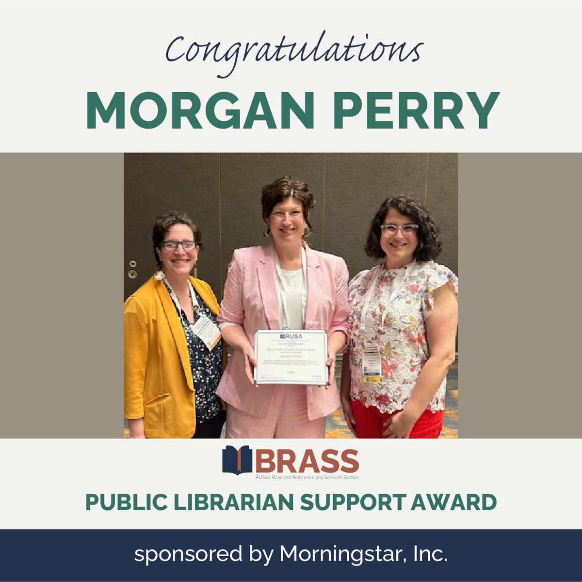 Congratulations to Morgan Perry! Winner of the 2024 BRASS Public Librarian Support Award generously sponsored by
<a href="/MorningstarInc/">Morningstar, Inc.</a>
 #bizref #ALAAC24