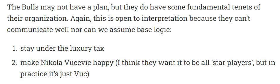 BullsBlogger's tweet image. the Bulls haven't indicated they don't want DeMar back. They haven't indicated they are doing a rebuild.

as a wise blogger said yesterday, inferring any kind of plan from AKME gives them too much credit. I don't know why anyone would do that?

AKME follows the below rules only: